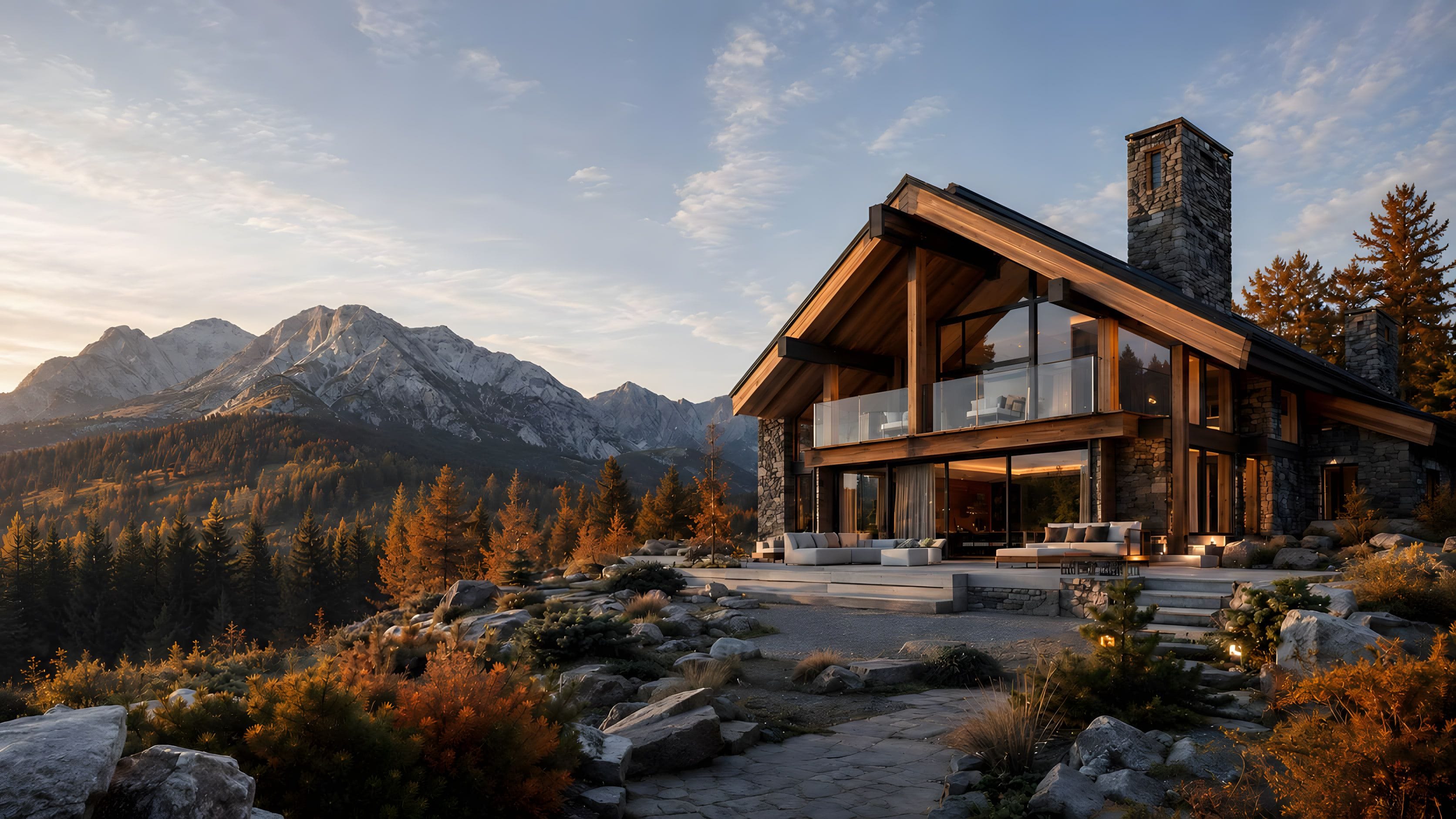 Chalet Smrek na jeseň, oranžové smrekovce nad dolinou
